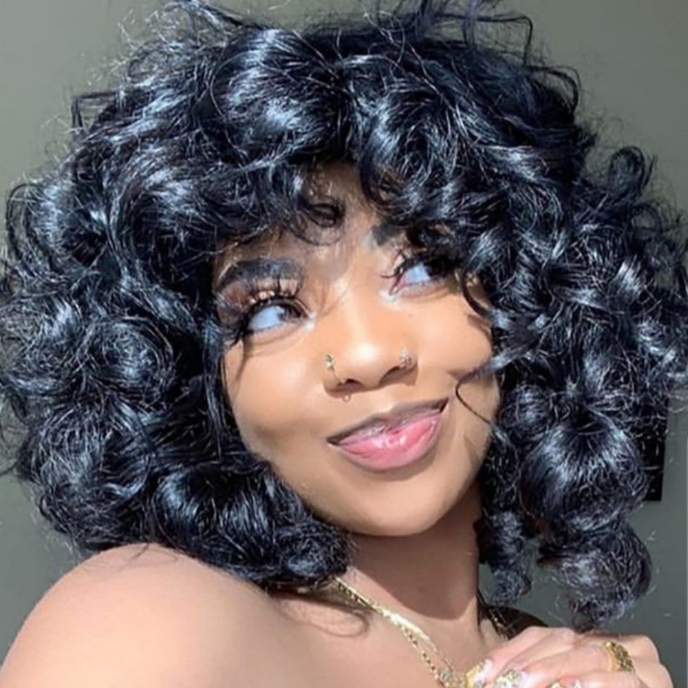 BLACK Curly Wig BOB Glueless Wig Afro Wig with Bang 12" Synthetic